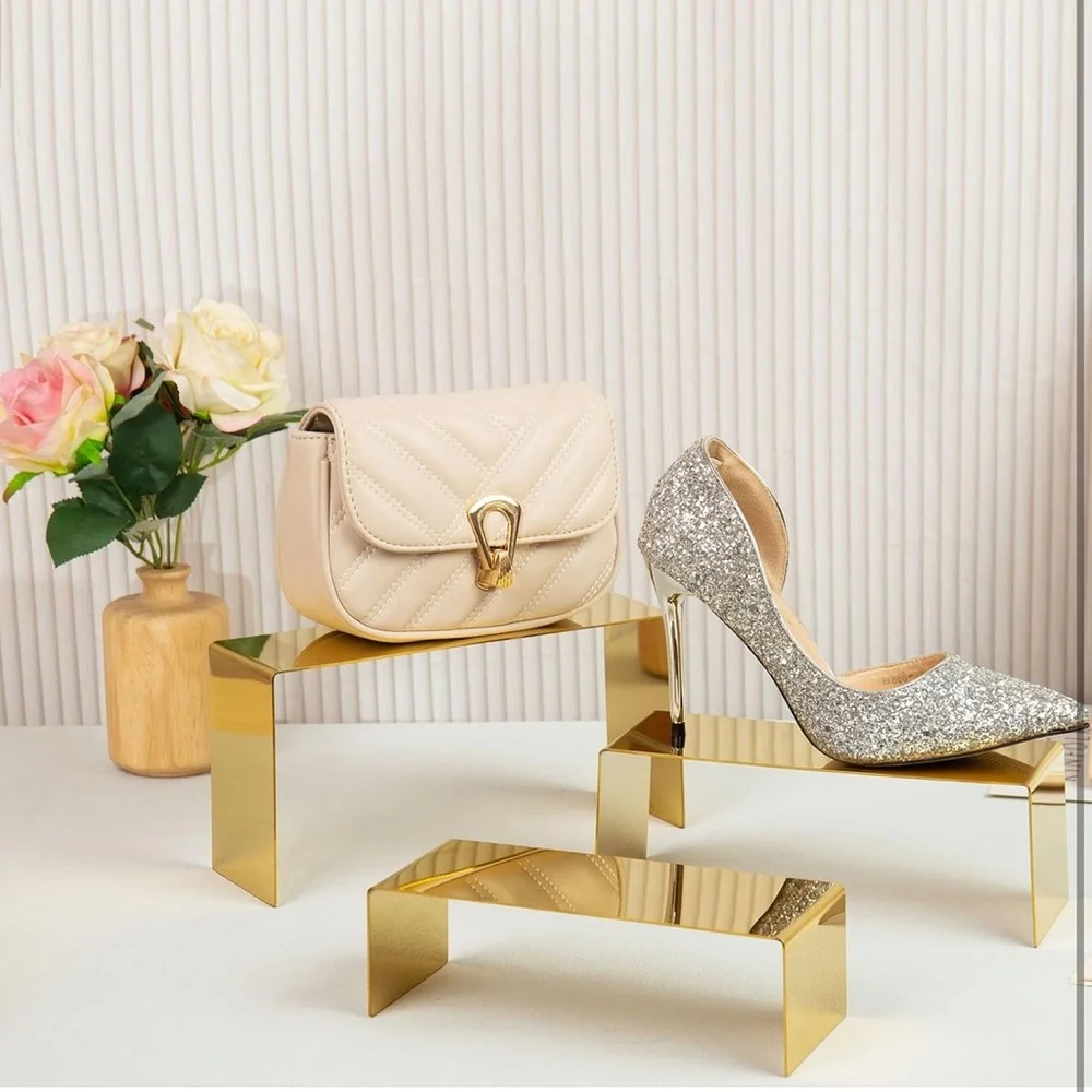 Purse Display Stand, 3pcs Gold Risers Display Stands Stainless Steel